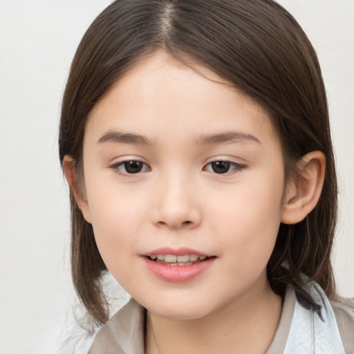 Joyful white child female with medium  brown hair and brown eyes