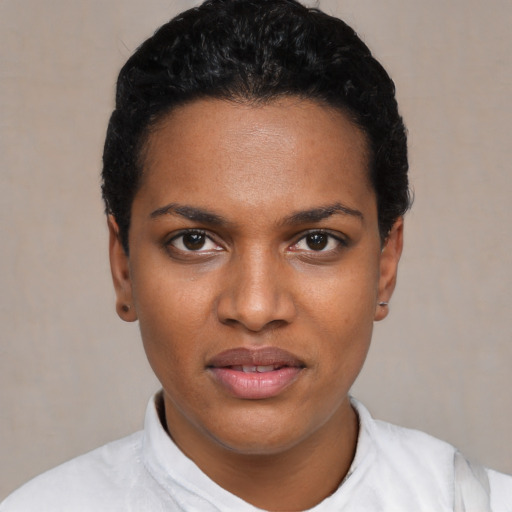 Joyful black young-adult female with short  black hair and brown eyes