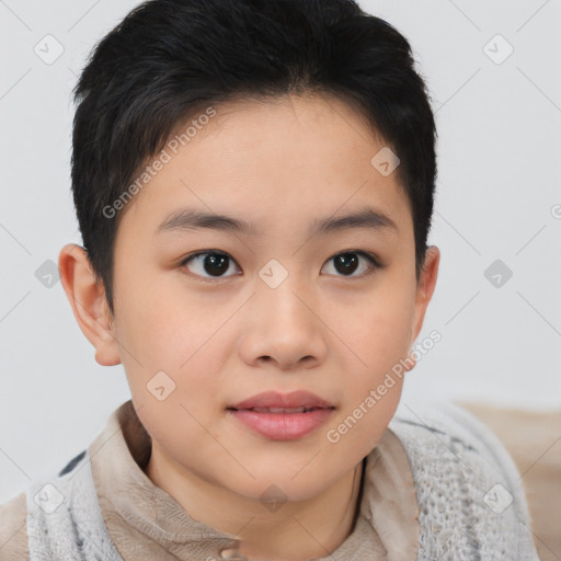 Neutral asian young-adult female with short  brown hair and brown eyes