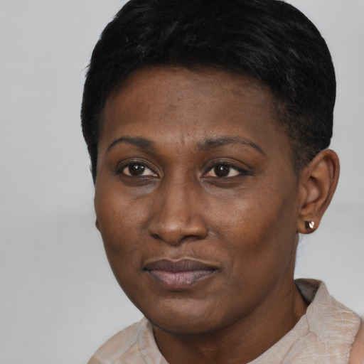 Joyful black young-adult female with short  black hair and brown eyes