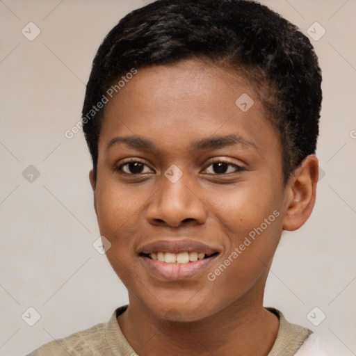 Joyful black young-adult female with short  brown hair and brown eyes