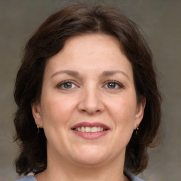 Joyful white adult female with medium  brown hair and brown eyes