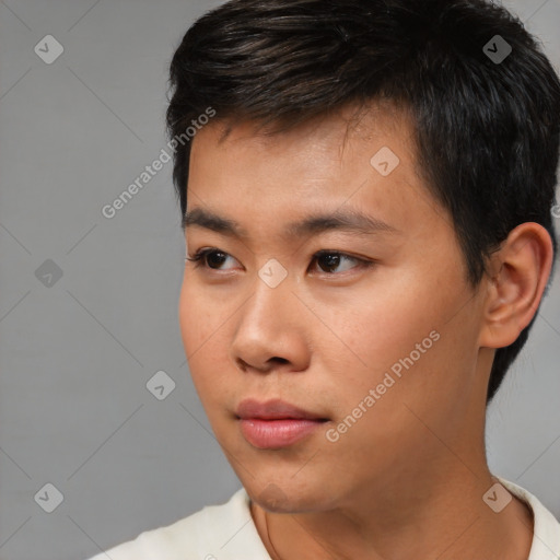 Neutral asian young-adult male with short  black hair and brown eyes