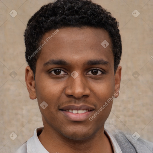 Joyful latino young-adult male with short  brown hair and brown eyes