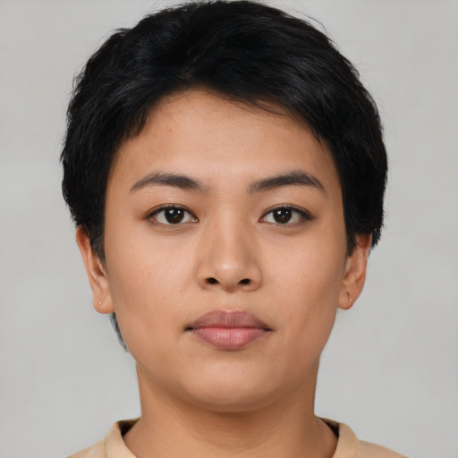Neutral asian young-adult female with short  black hair and brown eyes