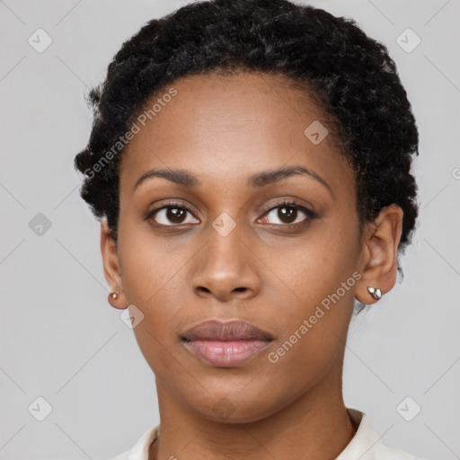 Neutral black young-adult female with short  black hair and brown eyes