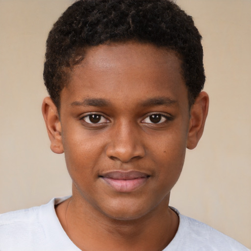 Joyful black young-adult male with short  brown hair and brown eyes