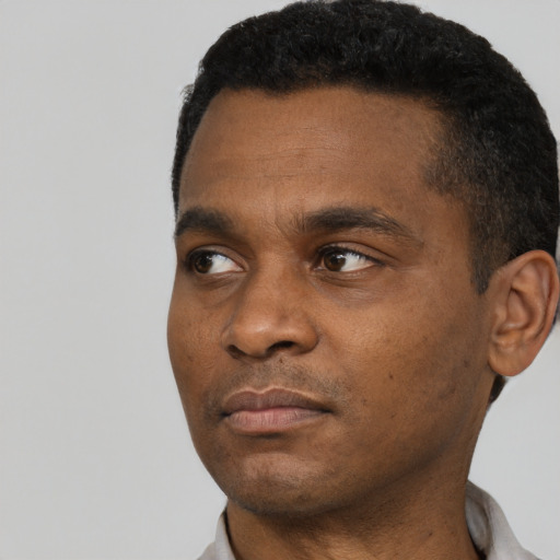 Neutral black young-adult male with short  black hair and brown eyes