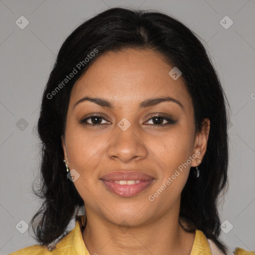 Joyful black young-adult female with medium  brown hair and brown eyes