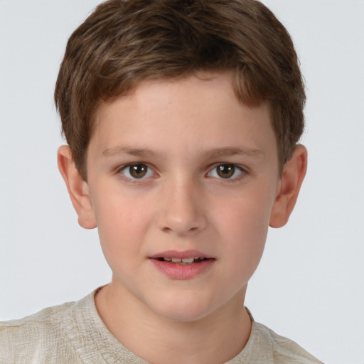 Joyful white child male with short  brown hair and brown eyes