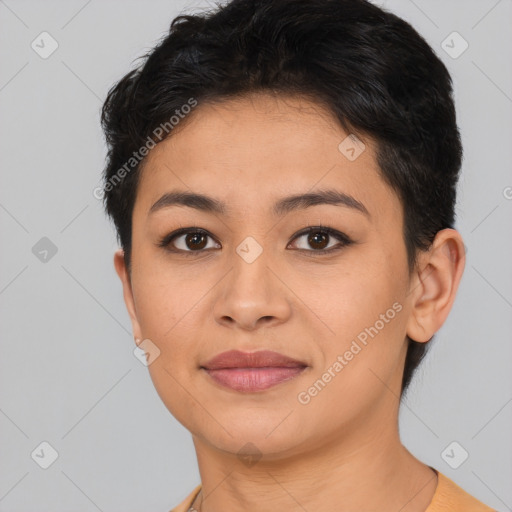 Joyful asian young-adult female with short  brown hair and brown eyes