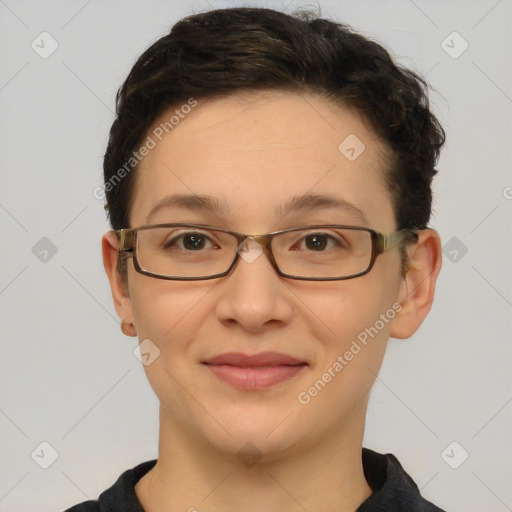 Joyful white young-adult female with short  brown hair and brown eyes