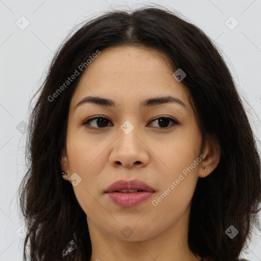 Joyful asian young-adult female with long  brown hair and brown eyes