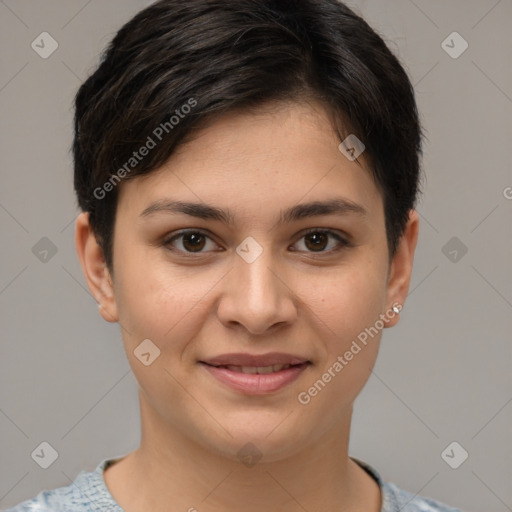 Joyful white young-adult female with short  brown hair and brown eyes