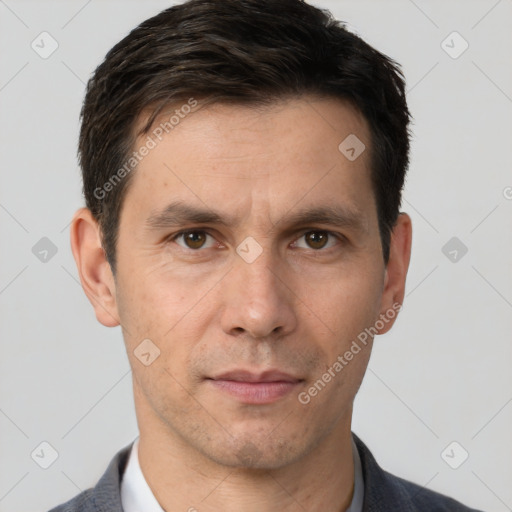 Neutral white adult male with short  brown hair and brown eyes