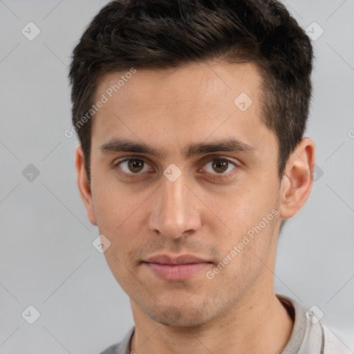 Neutral white young-adult male with short  brown hair and brown eyes