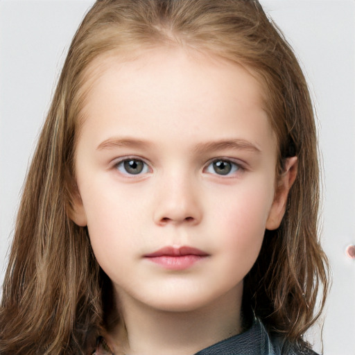 Neutral white child female with medium  brown hair and grey eyes