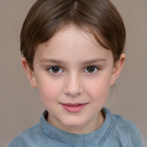 Joyful white child female with short  brown hair and brown eyes