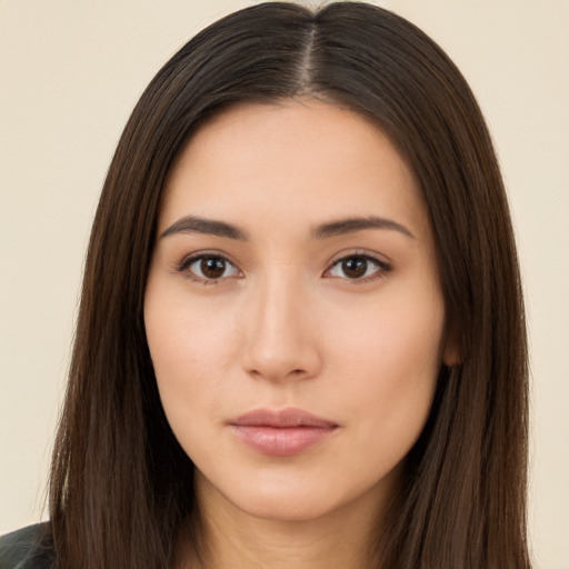 Neutral asian young-adult female with long  brown hair and brown eyes