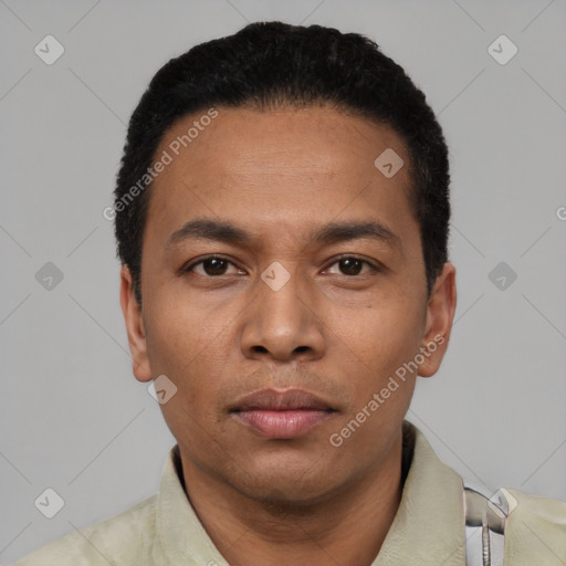 Neutral asian young-adult male with short  black hair and brown eyes