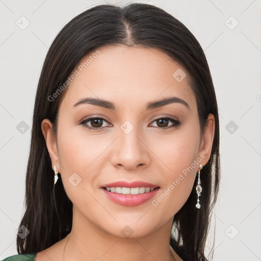 Joyful white young-adult female with long  brown hair and brown eyes