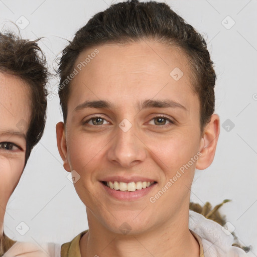 Joyful white young-adult female with short  brown hair and brown eyes