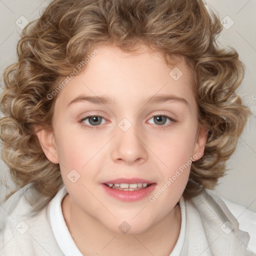 Joyful white child female with medium  brown hair and brown eyes