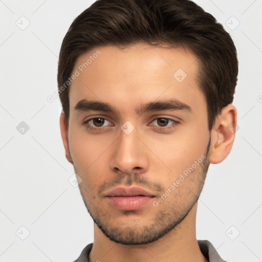 Neutral white young-adult male with short  brown hair and brown eyes