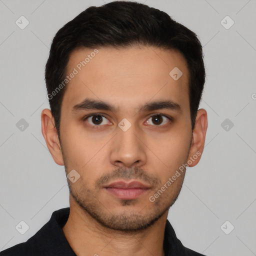 Neutral latino young-adult male with short  black hair and brown eyes