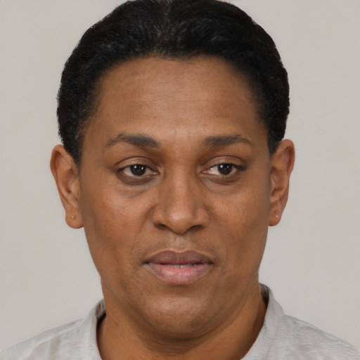 Joyful black adult female with short  black hair and brown eyes