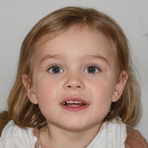 Joyful white child female with medium  brown hair and blue eyes