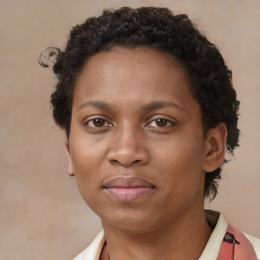 Neutral black adult female with short  brown hair and brown eyes