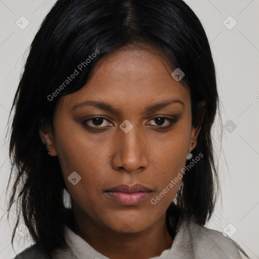 Neutral asian young-adult female with long  brown hair and brown eyes