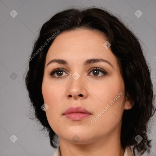 Neutral white young-adult female with medium  brown hair and brown eyes