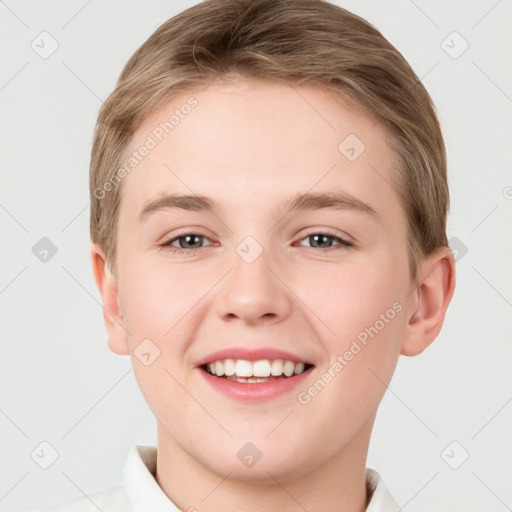 Joyful white young-adult female with short  brown hair and grey eyes