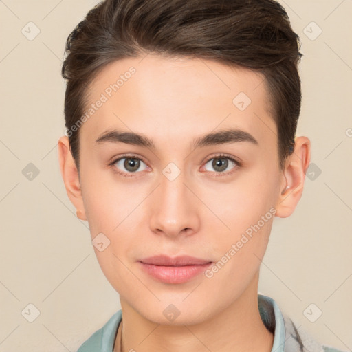 Neutral white young-adult male with short  brown hair and brown eyes