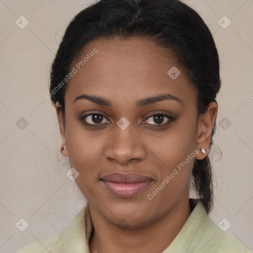 Joyful latino young-adult female with short  brown hair and brown eyes