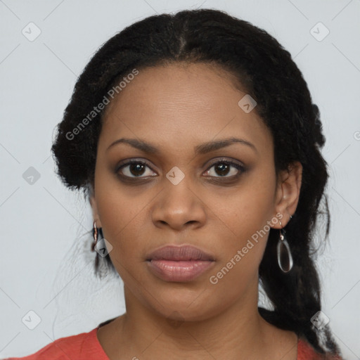 Neutral black young-adult female with long  black hair and brown eyes