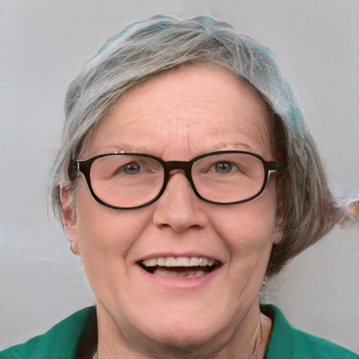 Joyful white middle-aged female with medium  brown hair and blue eyes