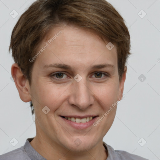 Joyful white adult female with short  brown hair and grey eyes