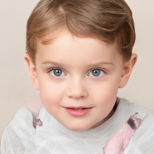 Joyful white child female with short  brown hair and blue eyes