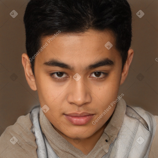 Joyful latino young-adult male with short  brown hair and brown eyes