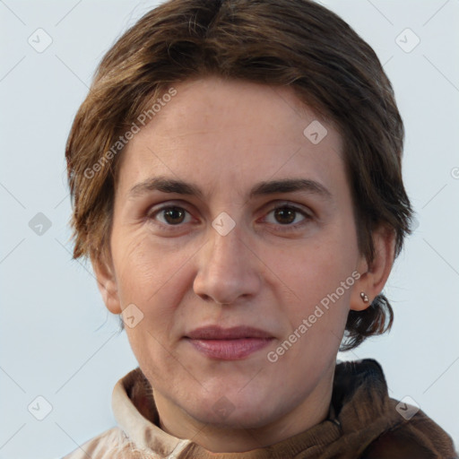 Joyful white adult female with short  brown hair and brown eyes