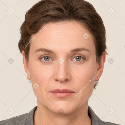 Neutral white young-adult female with short  brown hair and grey eyes