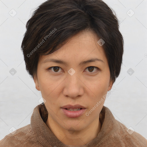 Joyful asian adult female with short  brown hair and brown eyes