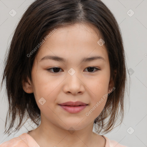 Joyful white child female with medium  brown hair and brown eyes