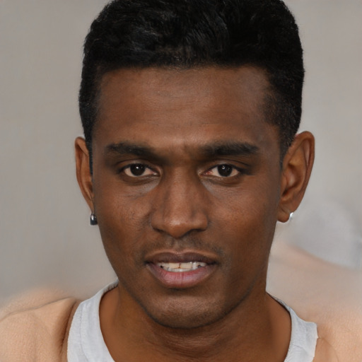 Neutral black young-adult male with short  black hair and brown eyes