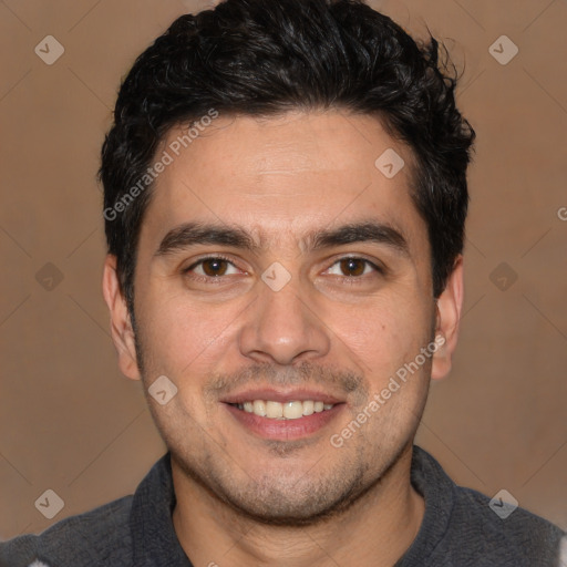 Joyful white young-adult male with short  black hair and brown eyes