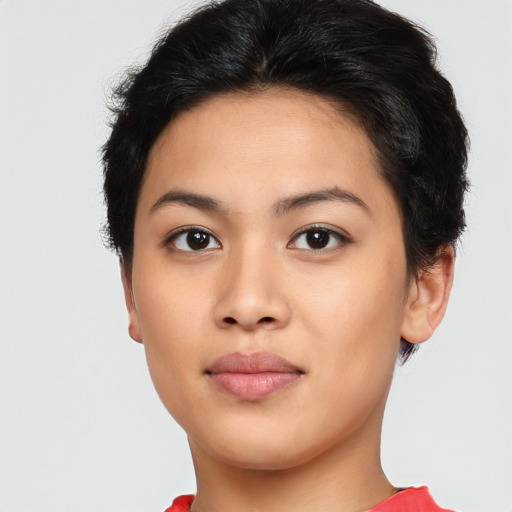 Neutral asian young-adult female with short  brown hair and brown eyes