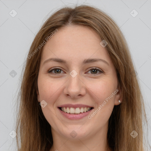 Joyful white young-adult female with long  brown hair and grey eyes